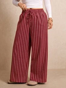 Elaquor Plus Size Minimalist Drawstring Waist Striped Loose Pants - Red - View 4