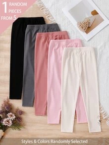 Souflis Souflis 1件隨機款女童四季通用打底褲，甜美可愛蝴蝶結與小貓印花，百搭柔軟舒適羅紋針織打底褲 - 彩色 - 查看 2