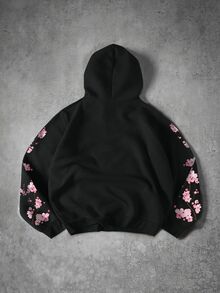 Manfinity EMRG 男士櫻花印花長袖拉鍊連帽衛衣附抽繩 - 淺灰色 - 查看 4