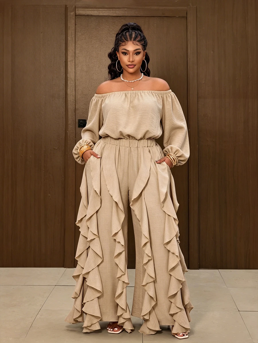 Maweii Plus Size Minimalist One Shoulder Top And Ruffle Trim Long Pants 2 Pieces Set - Khaki - View 1