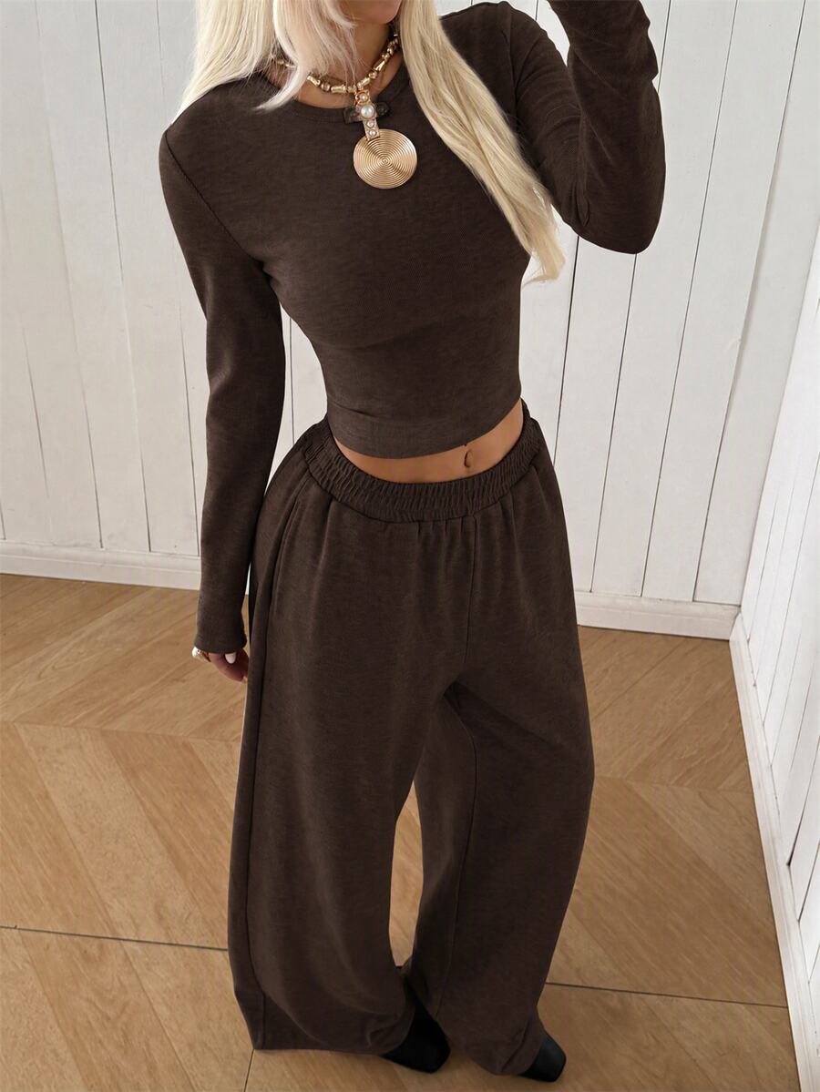 SHEIN EZwear طقم نسائي بلون موحد بأكمام طويلة و بنطال كاجوال للاستخدام اليومي - بني - مشاهدة 1
