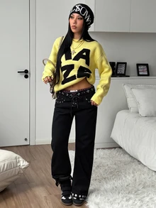 SHEIN HypeZone Minimalist Street Style Women's Autumn/Winter Yellow Long Sleeve Letter Print Slim Fit Knit Sweater Top - Yellow - View 4