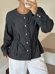 Dazy Plus Loose Round Neck Long Sleeve Drawstring Ruched Ruffle Elegant Casual Vintage Blouse Fall Denim Top Holiday Office Grey - Brown - View 1