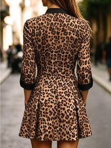 Balvessa Women's Leopard Print Cutout V-Neck Pocket Fashion Short Dress - Khaki - View 2