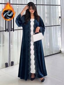 Al Najma Women Fall Winter Warm Navy Blue Velvet Lace Trim Open Front Long Sleeve Loose Long Abaya Kaftan For Home Visiting Gathering - Blue - View 5