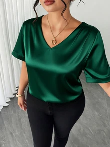 Elenzga Plus Size Elegant Glossy Minimalist V-Neck Satin Top For Women, Casual Business Summer - Dark Green - View 6