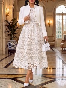 Fleurora Women's Round Neck Sleeveless Lace Waist-Cinching Dress And Solid Color Single-Breasted Long Sleeve Jacket 2 Pieces Set - White - View 5