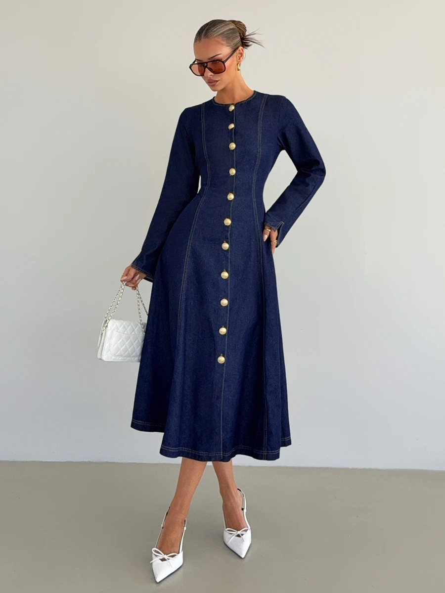 Siren Gaze Gaun Denim Elegan Wanita Lengan Panjang Leher Bulat dengan Kancing Logam Tunggal - Biru - View 1