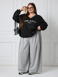 SHEIN CURVE+ Plus Size Women's Solid Color Side Waist Knot Wide Leg Pants, Casual Versatile All-Match Style For Autumn/Winter, Suitable For Daily Wear - Grey - View 6