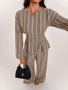 SHEIN Tall Women's Modest-Style Khaki Striped Long-Sleeve Top And Trousers Two Pieces Set - Khaki - View 6