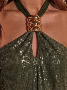 SHEIN BAE 秋冬橄欖綠掛脖亮片抓皺無袖金屬環貼身迷你短洋裝，感恩節派對夜生活穿搭 - 墨綠色 - 查看 6
