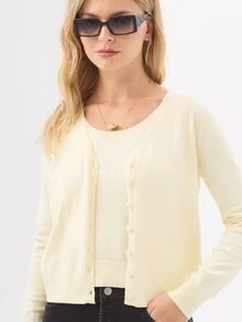 KÆRIA Hus Scoop Neck Sleeveless Knit Top & Cardigan Set - Linen Blend Knit - Butter Yellow - Minimalist, Layering, Preppy - Apricot - View 4