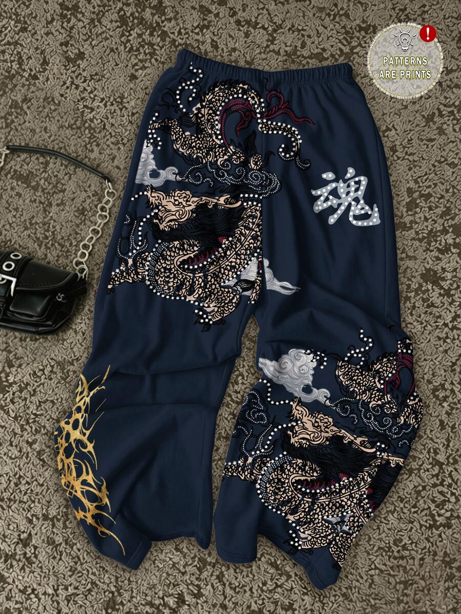 Attitoon 女款海軍藍運動長褲,大膽中式風格,龍紋與中文「魂」字設計,街頭時尚高端極簡酷感機車風工裝褲,Y2K學院風返校校園穿搭社團服飾,青年休閒風 - 彩色 - 查看 1