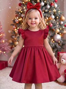SHEIN Baby Girl Solid Color Round Neck Short Flutter Sleeve Back Bow Decor Cute Dress - Red - View 2