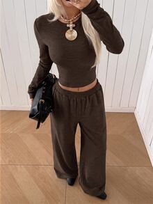 SHEIN EZwear طقم نسائي بلون موحد بأكمام طويلة و بنطال كاجوال للاستخدام اليومي - بني - مشاهدة 10