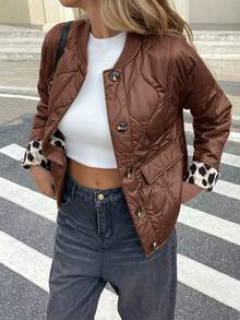 Serisse 女款絎縫拼接豹紋袖口單排扣休閒冬季夾克 - 棕色 - 查看 4