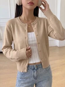 SHEIN 青少年女孩純色長袖單排扣休閒針織開襟衫 - 卡其色 - 查看 1