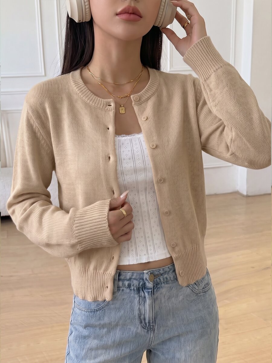 SHEIN 青少年女孩純色長袖單排扣休閒針織開襟衫 - 卡其色 - 查看 1
