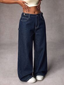 Rivivi Plus Size Women's Pocket Wide Leg Loose Casual Versatile Denim Jeans - Blue - View 5