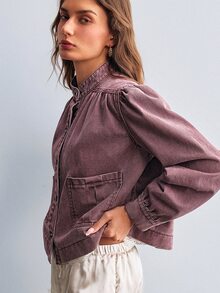 Willow Rêve Women's Solid Color Single-Breasted Long Sleeve Denim Jacket With Pockets, Versatile - Rust Brown - View 7