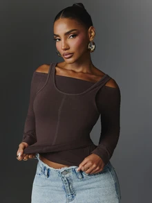 NYA SZN Project NYA Top Long Sleeve Layered Cold Shoulder Everyday Luxury Club Rave Classic Sexy Basic Chic Casual Festival Going Out Brown Neutral Fall Winter - Coffee Brown - View 5