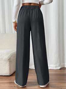SHEIN PETITE CURVE Plus Size Women's Double Buckle Straight Leg Elegant Casual Commuter Pants Office Formal Grey Autumn - Dark Grey - View 2