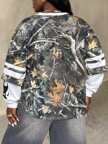 SHEIN CURVE+ Women's Fall/Winter Streetwear Concert Outfit Casual Going Out Graphics Tree Branch Pattern Number P - Multicolor - View 2