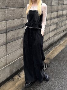 FRIFUL Women's Ruffle Hem Camisole Top And Long Pants Casual Denim Set - Black - View 7