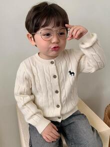 Hapijoa Infant (Boy) Round Neck Cable Knit Cartoon Embroidered Long Sleeve Solid Color Sweater - White - View 6