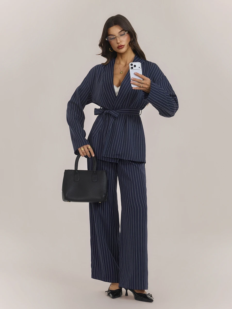 SHEIN Tall Women Fashion Striped Wrap Jacket And Casual Pants 2 Pieces Set, Office Business Commute Suit, Grey In Fall/Winter - Navy Blue - View 1