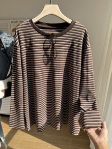 Comfortcana Plus Size Autumn/Winter Vintage Stretch Knit Striped Textured Loose Drop Shoulder Long Sleeve T-Shirt - Brown - View 4