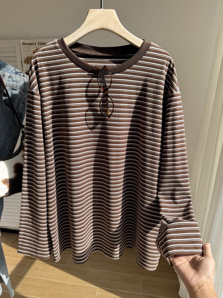 Comfortcana Plus Size Autumn/Winter Vintage Stretch Knit Striped Textured Loose Drop Shoulder Long Sleeve T-Shirt - Brown - View 1