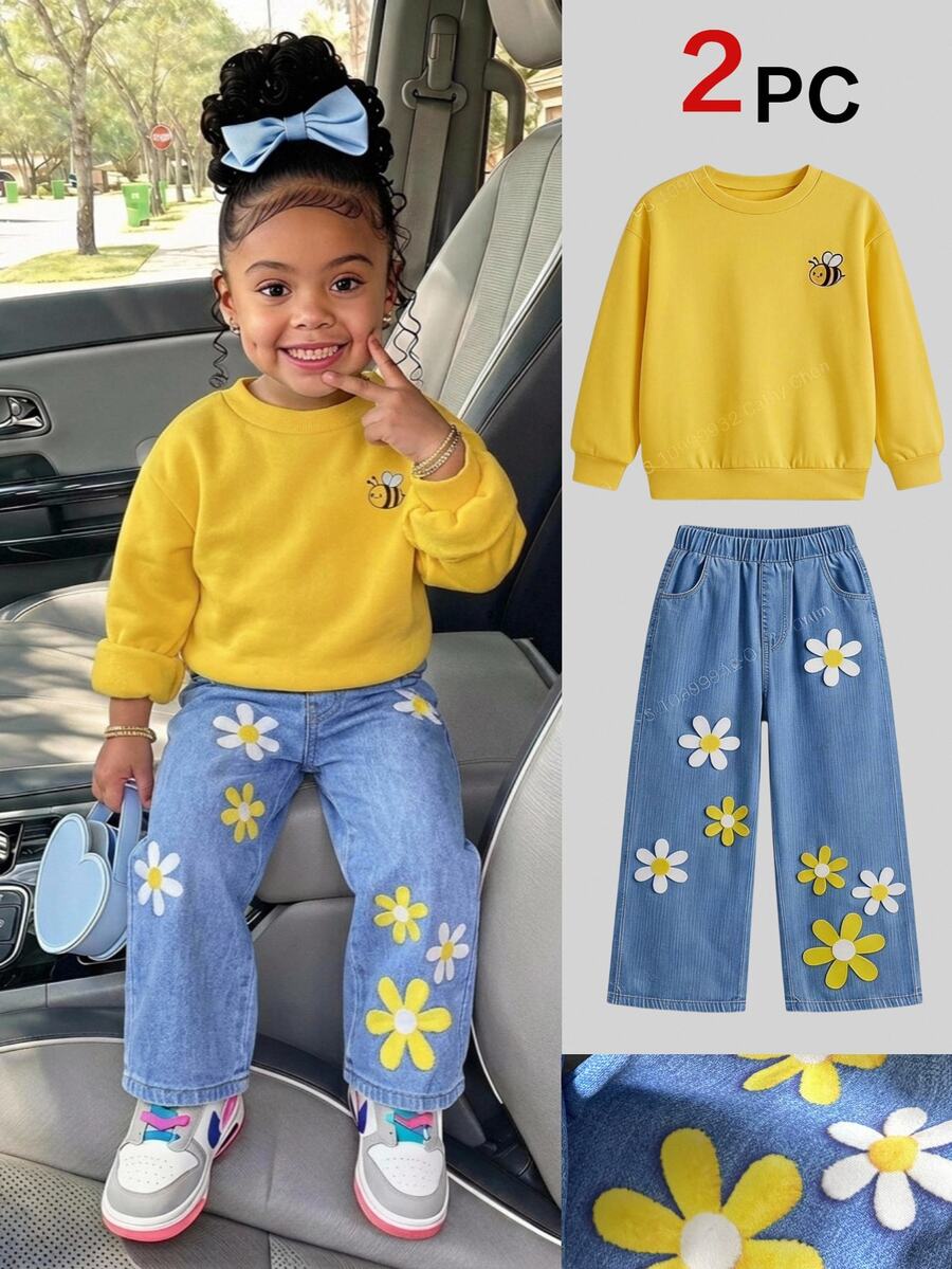 女童 2件組休閒活潑花卉與蜜蜂圖案針織圓領長袖衛衣與長褲套裝,秋季,秋季穿搭,秋冬 - 黃色 - 查看 1