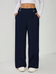 SHEIN PETITE Women's Elegant Double Button Straight Office Pants - Dusty Blue - View 4