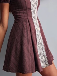 Willow Rêve Women's Lace Patchwork Brown Chiffon Mini Dress - Brown - View 6