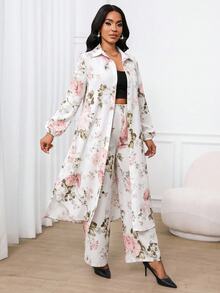 SHEIN Lady Women's All-Over Floral Print Casual Long Shirt & Pants 2 Pieces Set - Multicolor - View 4