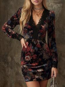 SHEIN Vintage Floral Velvet Dress For Women, Lace Deep V-Neck, Lantern Sleeves, Ruched Waist, Fitted Bodycon Mini Skirt - Multicolor - View 3