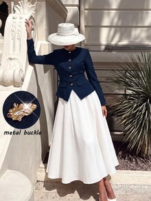 Modelyn Women's Round Neck Metal Button Top & Solid Color Skirt Fashion Elegant Set - Navy Blue - View 3