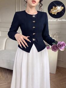 Modelyn Women's Round Neck Metal Button Top & Solid Color Skirt Fashion Elegant Set - Navy Blue - View 5