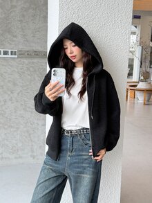 K-Vae 女款秋冬黑色紋理連帽夾克，寬鬆修身拉鍊運動衫 - 黑色 - 查看 6
