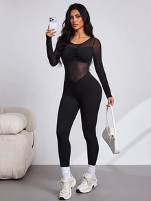 Slayform Slayform Women's Solid Color Contrast Mesh Long Sleeve Ruched Athletic Jumpsuit - Black - View 3