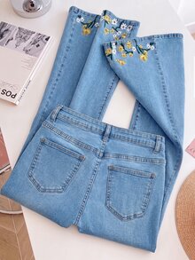 GlowEve Women's Casual Daily Denim Jeans With Pocket, Button And Floral Embroidery Pattern - Blue - View 2