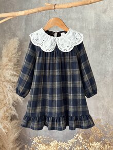女童少女秋冬刺繡翻領蕾絲領梭織格紋拼接娃娃洋裝 寬鬆長袖復古學院風休閒棕色 - 藏蓝色 - 查看 4