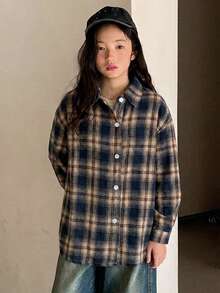 Dazy Kids (Tween Girl) 寬鬆格紋襯衫，全新秋季風格，長袖休閒外套上衣 - 藏蓝色 - 查看 4