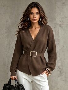 GlowEve Women's Gray V-Neck Asymmetrical Hem Sweater, Spring/Autumn New Style Lace-Up Waist Knitted Cardigan Top, Versatile Daily Wear - Coffee Brown - View 4