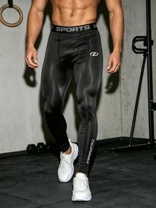 GymBeat Men's Letter Print Casual Daily Travel Sports Tight Pants - Black - View 4