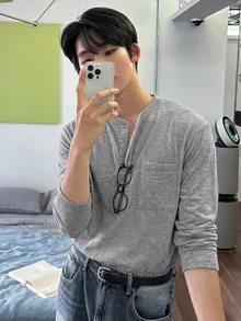 DAZY 春秋款白色圓領半鈕扣貼袋設計男士T恤 - 灰色 - 查看 7