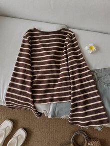 SHEIN LUNE 休閒女款秋冬條紋棕色長袖上衣 秋季女裝休閒襯衫 外出穿搭上衣 棕色上衣 - 彩色 - 查看 2