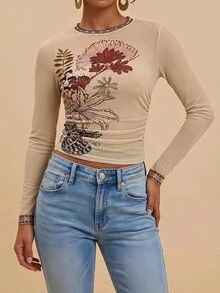 Travachic 女款花卉印花修身百搭日常穿著上衣 - 彩色 - 查看 4