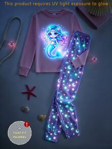 Tween女孩/女孩修身休閒家居服可愛螢光卡通動物印花修身睡衣套裝（2件組），包含長袖圓領上衣與長褲，柔軟舒適居家服，適合8-12歲兒童 - 彩色 - 查看 9